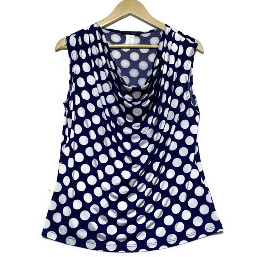 Jennie & Maris Women's Large Sleeveless Pullover Top Blue White Polka Dots